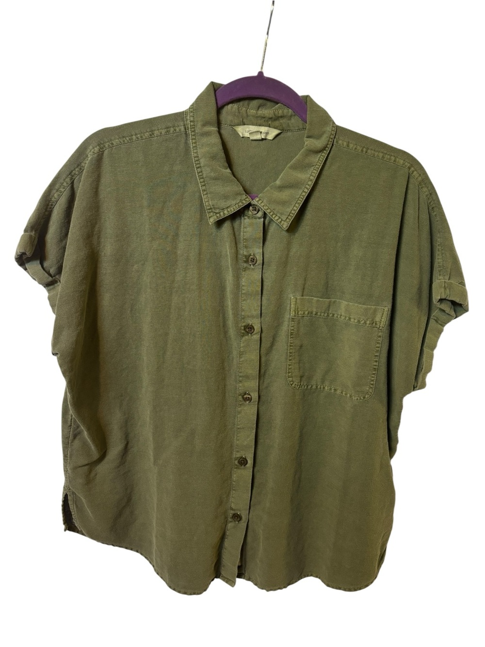 Lucky Brand Green Button Down Shirt Large Cotton Linen Short Sleeve Boho Top